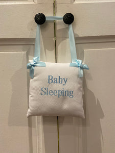 EMBROIDERED BABY HANGING DOOR PILLOW 'BABY SLEEPING' BLUE