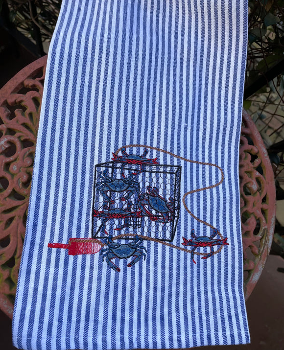 EMBROIDERED CRAB TRAP KITCHEN TOWEL