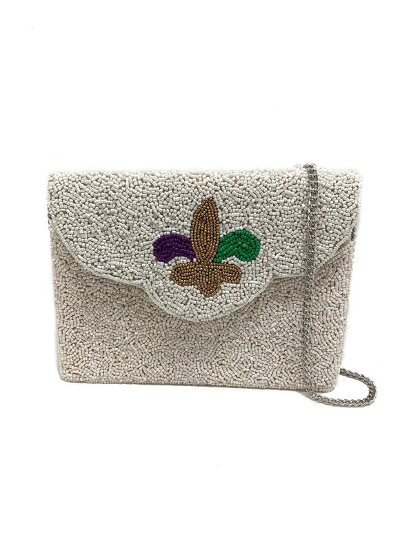 BEADED CLUTCH MARDI GRAS WHITE WITH FLEUR DE LIS