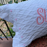 MONOGRAM PILLOW PINK ROSETTES SMOCKED and TUCKED