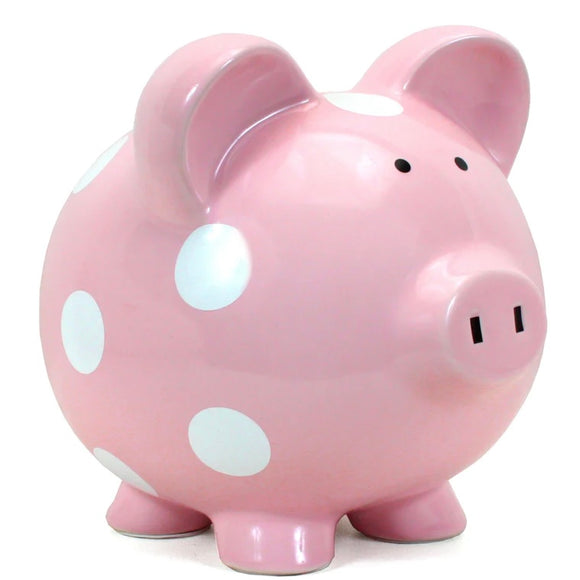 CERAMIC PIGGY BANK PINK WITH WHITE DOTS
