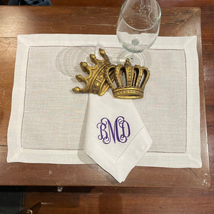 MONOGRAM EMBROIDERED LINEN HEMSTITCH WHITE PLACEMATS SET OF 6
