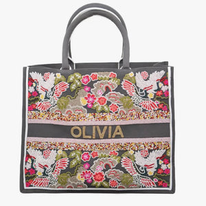 BEADED GREY FLORAL TOTE