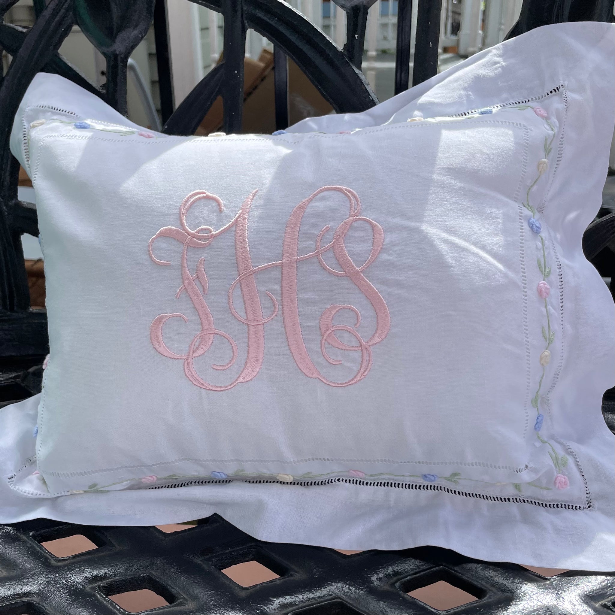 MONOGRAM PILLOW HEMSTITCH LINEN WHITE 12 X 16 FLORAL EMBROIDERED TRIM Orient Expressed