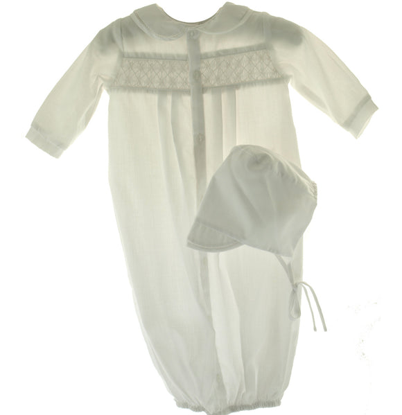 SMOCKED & HAND EMBROIDERED GOWN & TAILORED BONNET WHITE