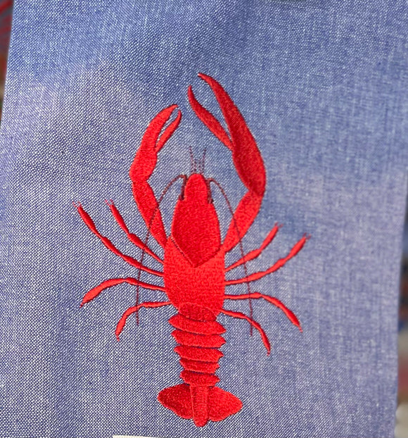 EMBROIDERED CRAWFISH CHAMBRAY KITCHEN TOWEL
