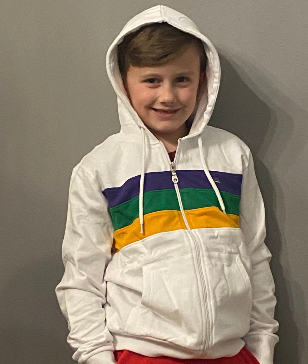 MARDI GRAS KIDS ZIP FRONT WHITE HOODIE