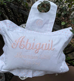 MONOGRAM WHITE BIB WITH EMBROIDERED PINK DOTS
