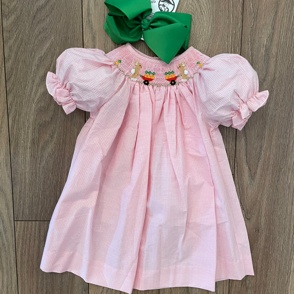 SMOCKED EASTER PINK CHECK BUNNY WHITE DRESS