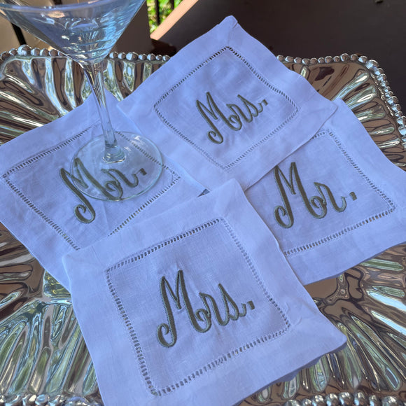 EMBROIDERED MR and MRS LINEN COCKTAIL NAPKINS S/4
