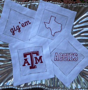 EMBROIDERED  TEXAS A&M COCKTAIL NAPKINS S/4