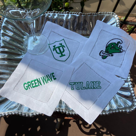 EMBROIDERED TULANE COCKTAIL NAPKINS S/4