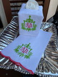 MONOGRAM EMBROIDERED LINEN TISSUE BOX COVER WITH BORDER