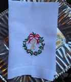 EMBROIDERED CHRISTMAS LINEN HAND or GUEST TOWEL WREATH