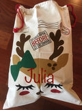 EMBROIDERED REINDEER WITH BOW SANTA SACK REINDEER WITH BOW