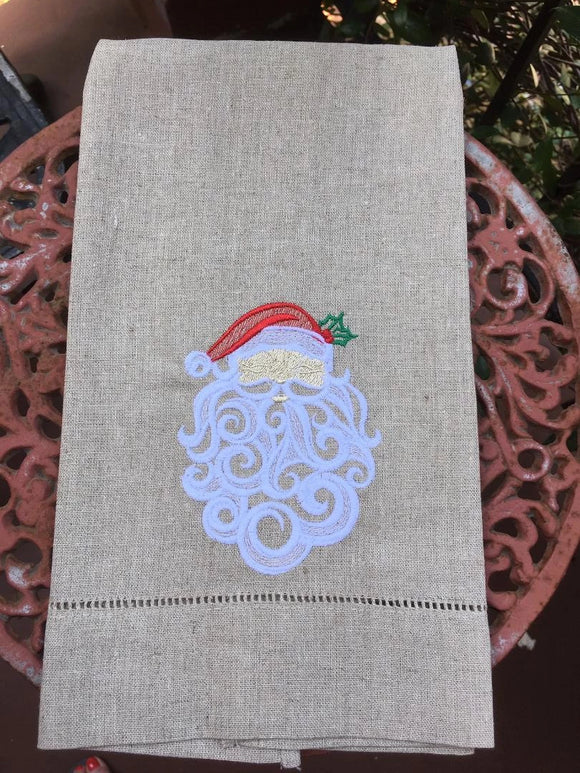 EMBROIDERED CHRISTMAS GUEST TOWEL BEAUTIFUL SANTA NATURAL