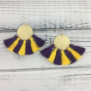 EARRINGS PURPLE & GOLD TASSELS AND GOLD DISK