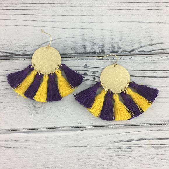 EARRINGS PURPLE & GOLD TASSELS AND GOLD DISK – Orient Expressed