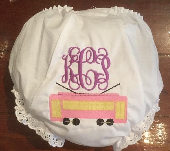 EMBROIDERED STREETCAR & VINES MONOGRAM EYELET DIAPER COVER
